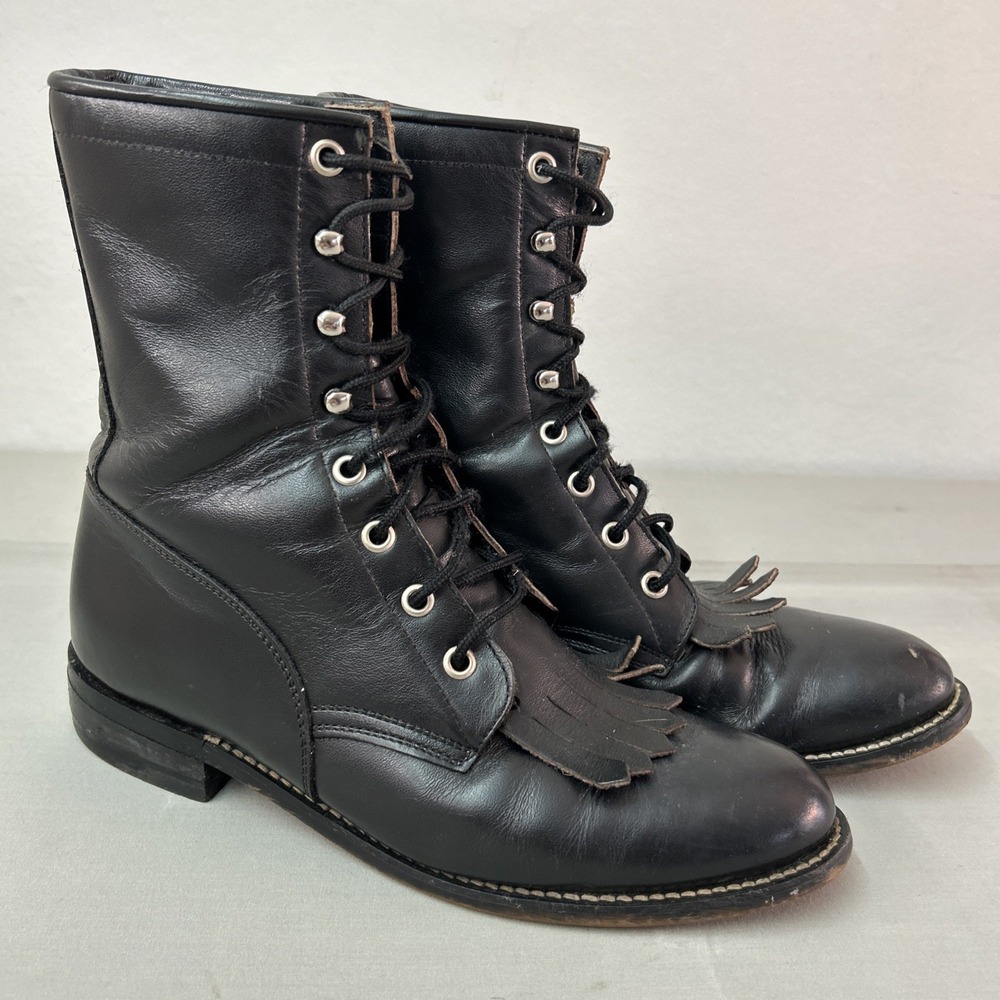 JUSTIN Diamond J Women's Roper Hiram Kiltie Boots Leather Black 00506 L 7 1/2 B